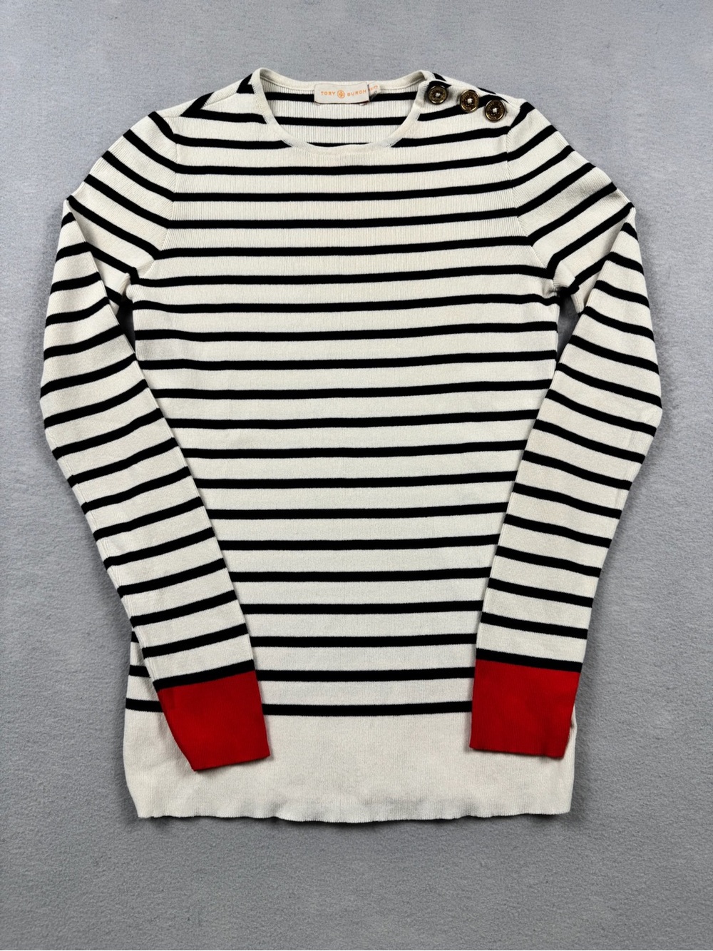 Tory Burch Navy Stripe Pullover Sweater Buttons Size Womens XSmall Vtg Nautical